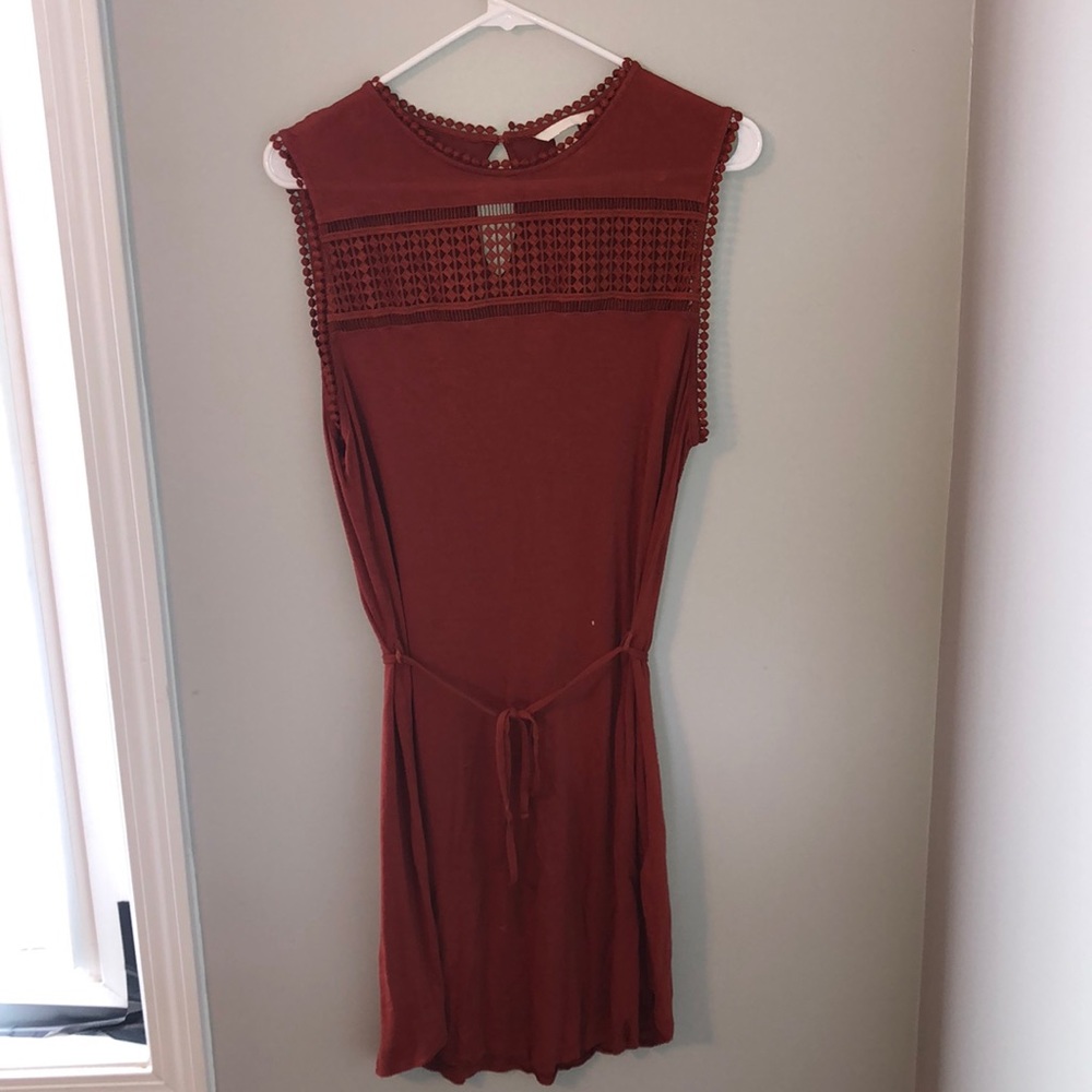 Brunt orange dress, lace designed topping.